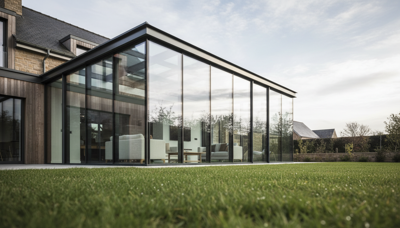 Baugenehmigung Wintergarten: Modernes Glas-Anbau-Projekt Moderner Glas-Wintergarten mit Aluminiumrahmen und bodentiefen Fenstern, zeigt Baugenehmigung Wintergarten-Anforderungen