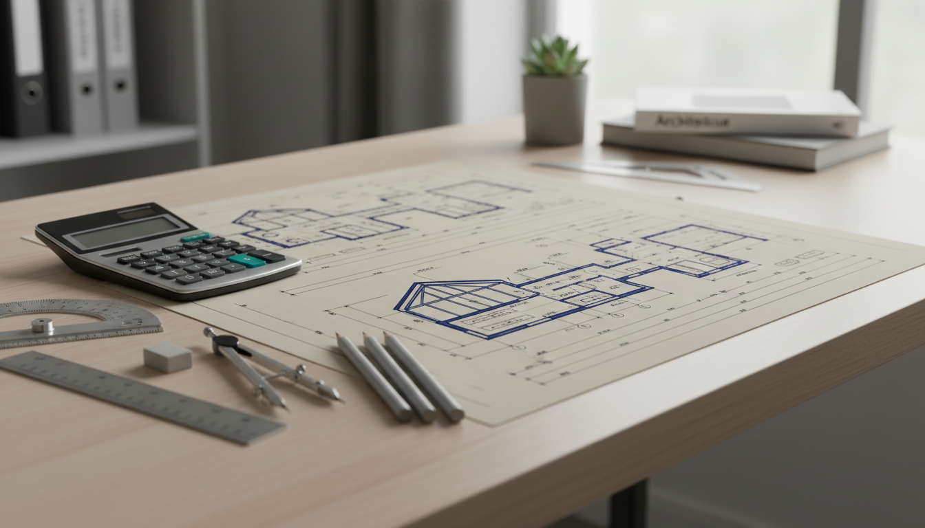Baugenehmigung Wintergarten – technische Pläne Detaillierte CAD-Pläne eines Wintergarten-Anbaus auf Schreibtisch mit Messwerkzeugen – Baugenehmigung Wintergarten.