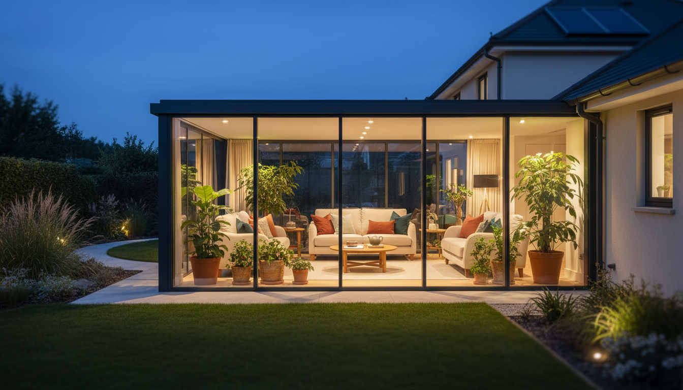 Baugenehmigung Wintergarten: Modernes Wohnambiente Moderner Wintergarten bei Dämmerung mit gemütlicher Einrichtung und Pflanzen, ideal für Infos zur Baugenehmigung Wintergarten.
