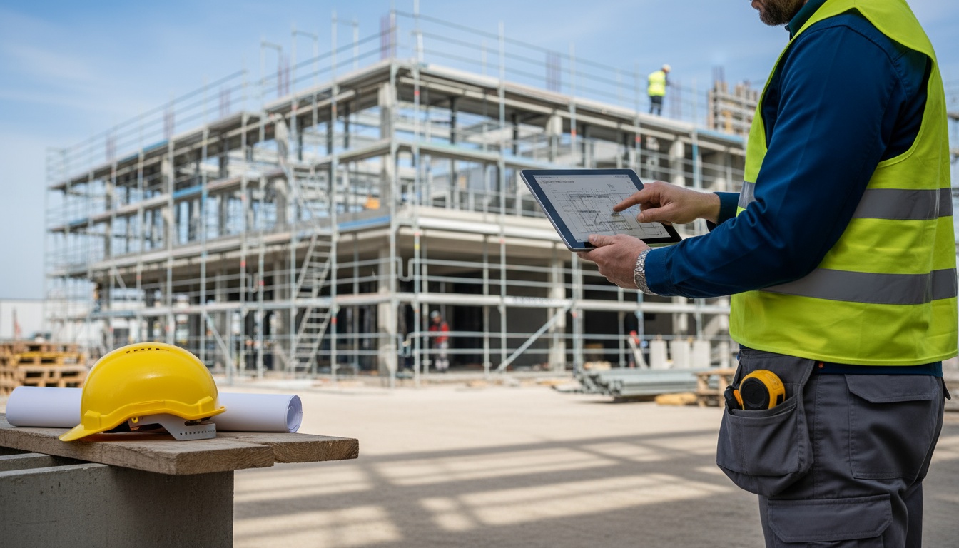 Deutscher Handwerker am Bau überprüft Dokumente auf Tablet – Bauleistungen 13b UStG, Helm und Baustelle im Hintergrund