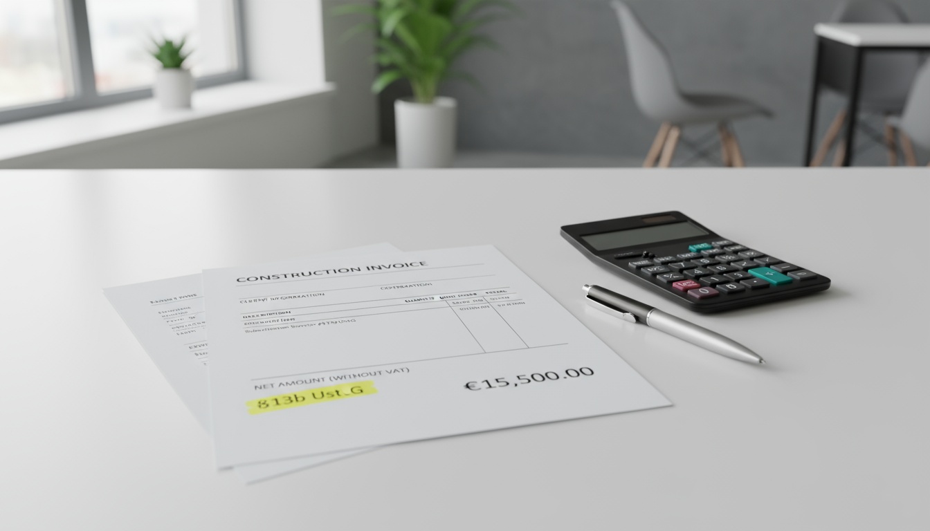 Nahaufnahme einer Bau-Rechnung mit Verweis auf Bauleistungen 13b UStG, Netto-Betrag, Taschenrechner und Stift