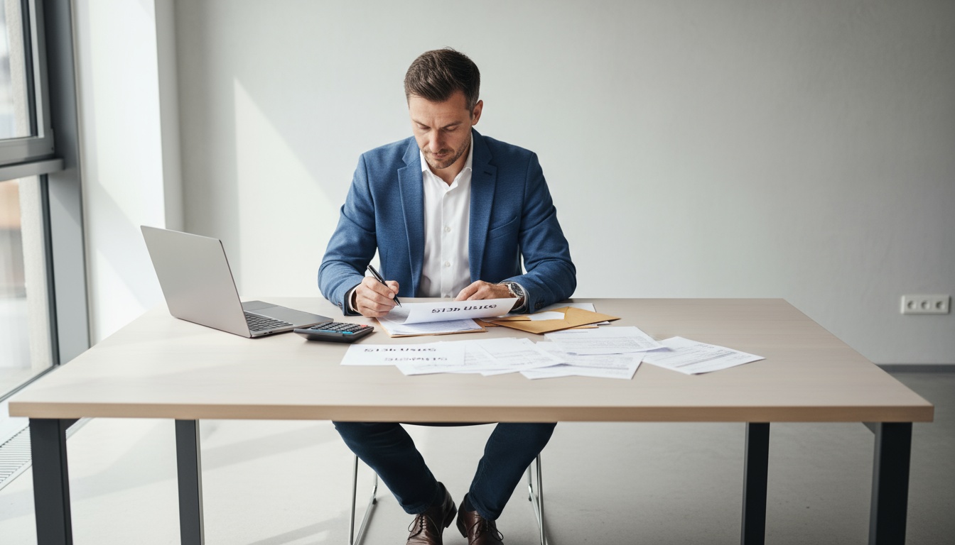 Handwerker am Büro-Schreibtisch prüft Bauleistungen 13b UStG-Unterlagen, Rechnungen, Taschenrechner und Laptop sichtbar