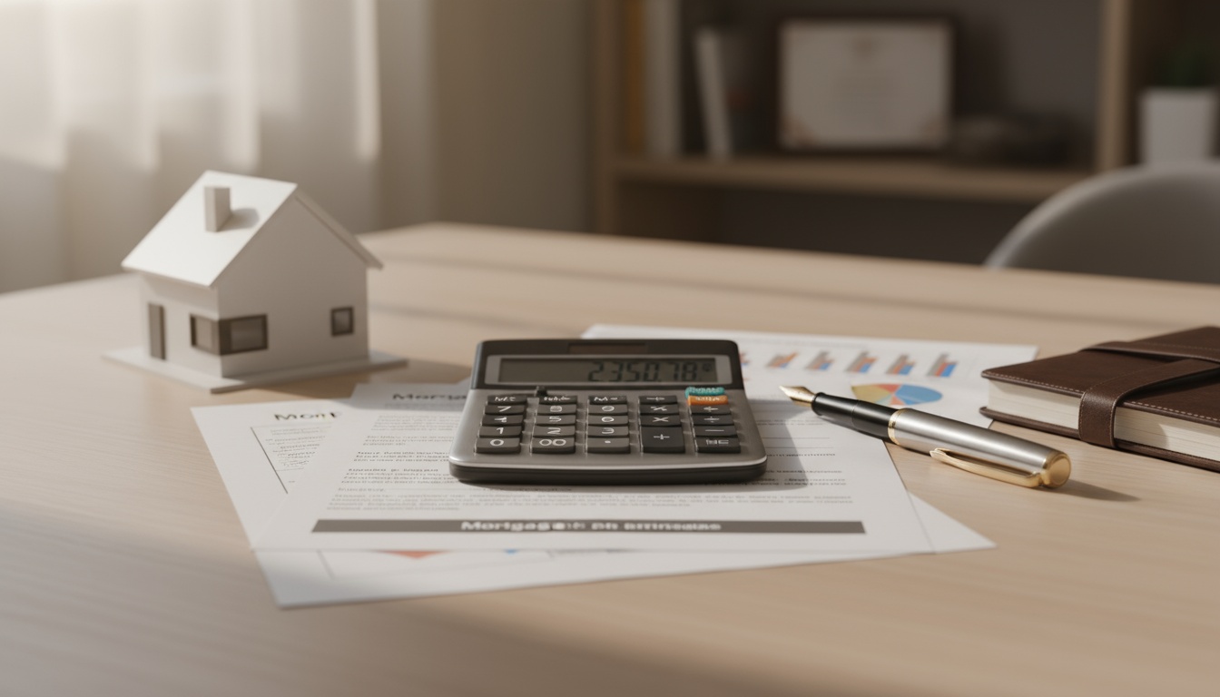 Baunebenkosten Rechner für präzise Bauplanung Baunebenkosten Rechner auf Schreibtisch: Taschenrechner, Miniaturhaus und Stift in warmer Beratungsatmosphäre