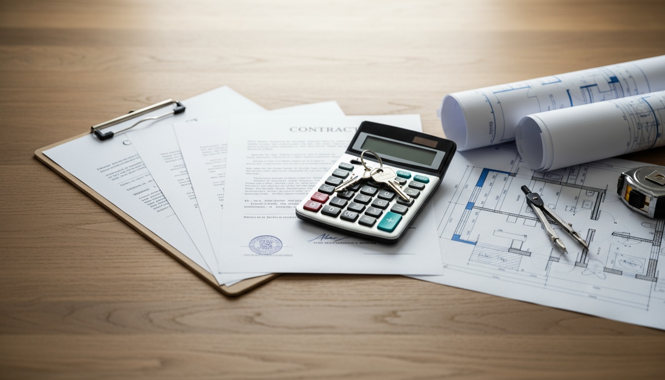 Baunebenkosten Rechner - Notar, Schlüssel, Pläne Überkopfaufnahme: Notarunterlagen, Taschenrechner, Hausschlüssel und Pläne – Baunebenkosten Rechner im Büro