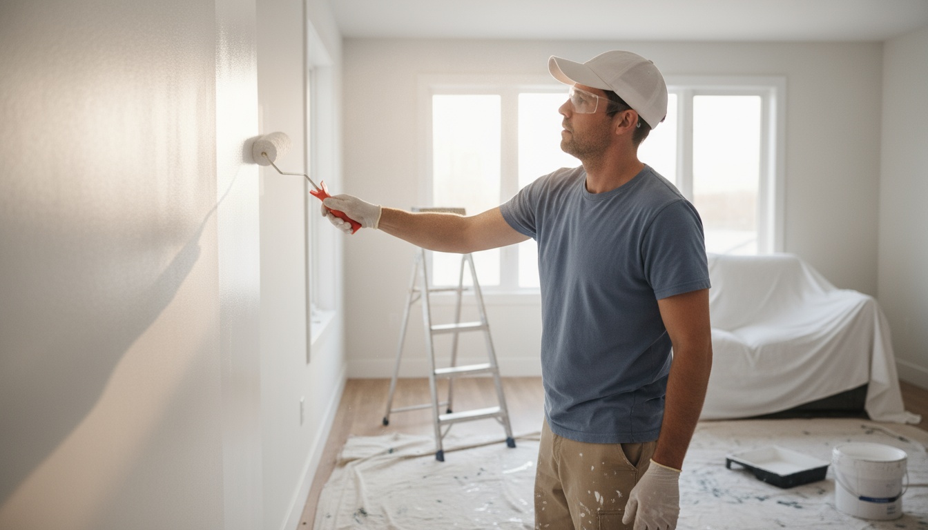 Baunebenkosten Rechner: Renovierungskosten selber berechnen Hausbesitzer streicht Innenwand mit Farbroller bei Renovierung - Baunebenkosten Rechner Kontext für Kostenschätzung.