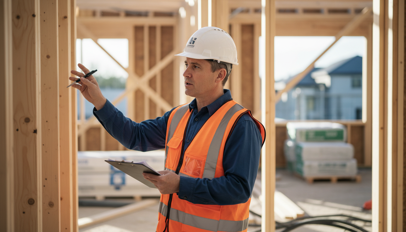 Bauvertrag: Bauinspektor mit Helm und Klemmbrett prüft Neubau auf sonniger Baustelle vor modernem Wohnhaus