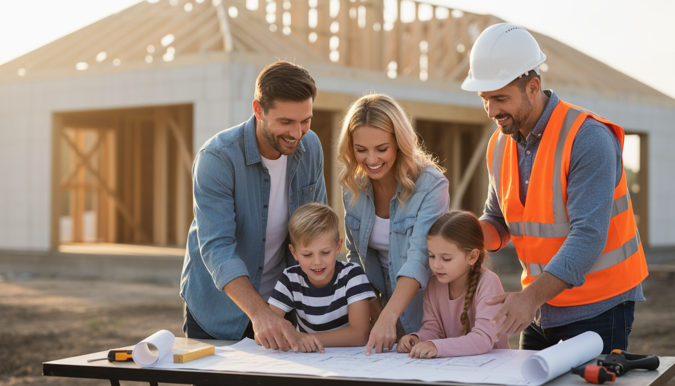 Familie und Bauleiter prüfen glücklich den Bauvertrag und Baupläne auf der sonnigen Baustelle neben dem Rohbau