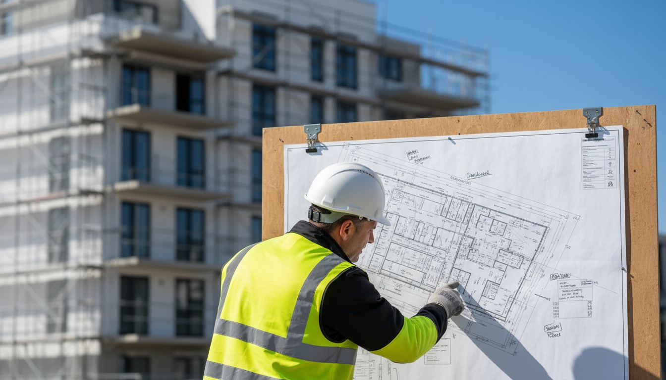 Bauleiter mit Helm und Warnweste prüft Bebauungspläne an Baustellentafel vor modernem Wohnbau, sonnig.