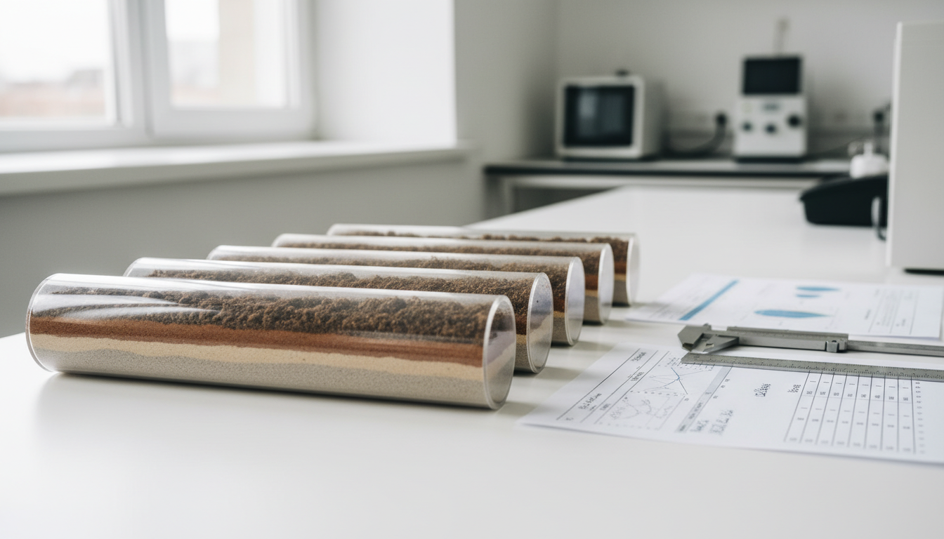 Nahaufnahme von Bodenkernproben in Röhrchen auf Labortisch, Schichten sichtbar, wichtig für Bodengutachten Kosten