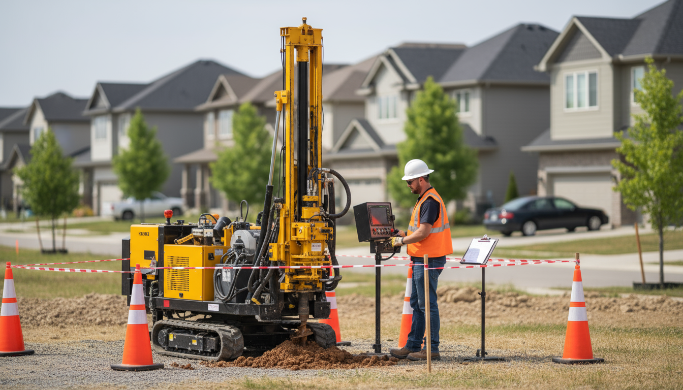 Techniker mit Bohrgerät entnimmt Bodenproben auf Wohnbaugrundstück, sichere Zone markiert, Bodengutachten Kosten im Fokus.