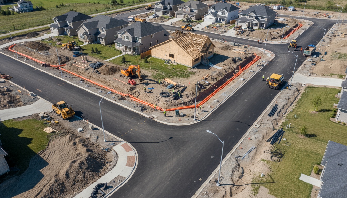 Erschließungskosten Grundstück bei Neubau Drohnen-Foto: Wohngebiet mit Straßenbau, Leitungsgräben und orange Rohren – Erschließungskosten Grundstück sichtbar.