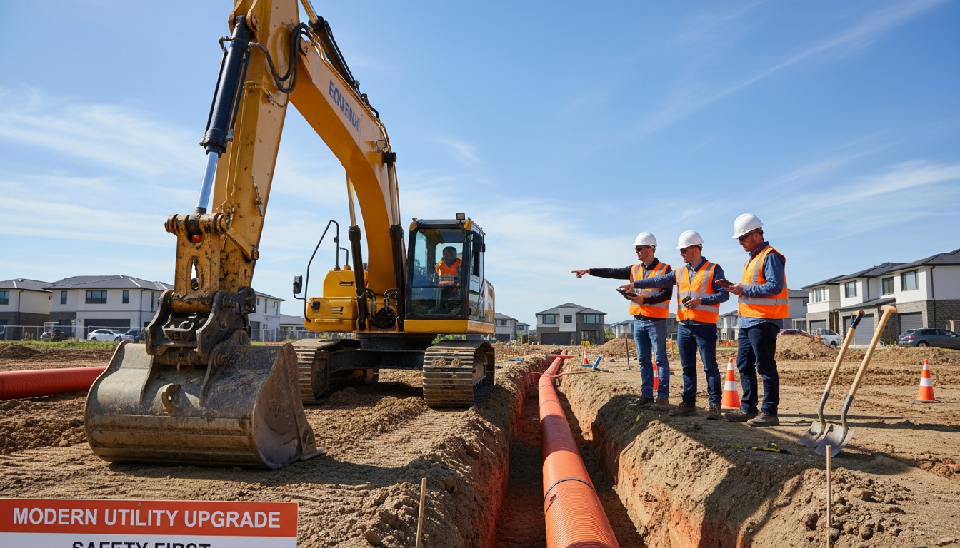 Erschließungskosten Grundstück bei Leitungsarbeiten Bagger gräbt Graben, Arbeiter legen orange Wasser- und Abwasserrohre – Erschließungskosten Grundstück sichtbar dokumentiert.