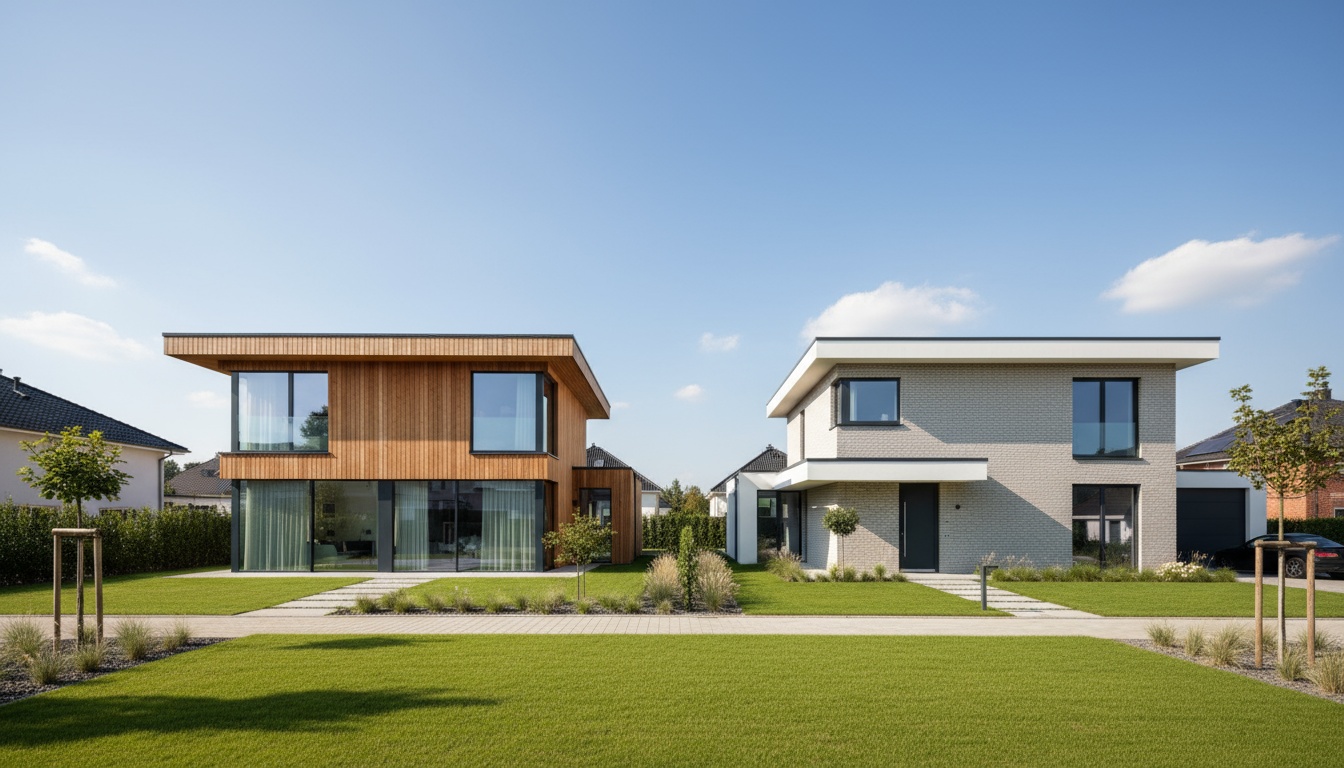 Fertighaus oder Massivhaus: Moderner Hausvergleich Zwei moderne Häuser im Vergleich: Fertighaus oder Massivhaus nebeneinander bei blauem Himmel