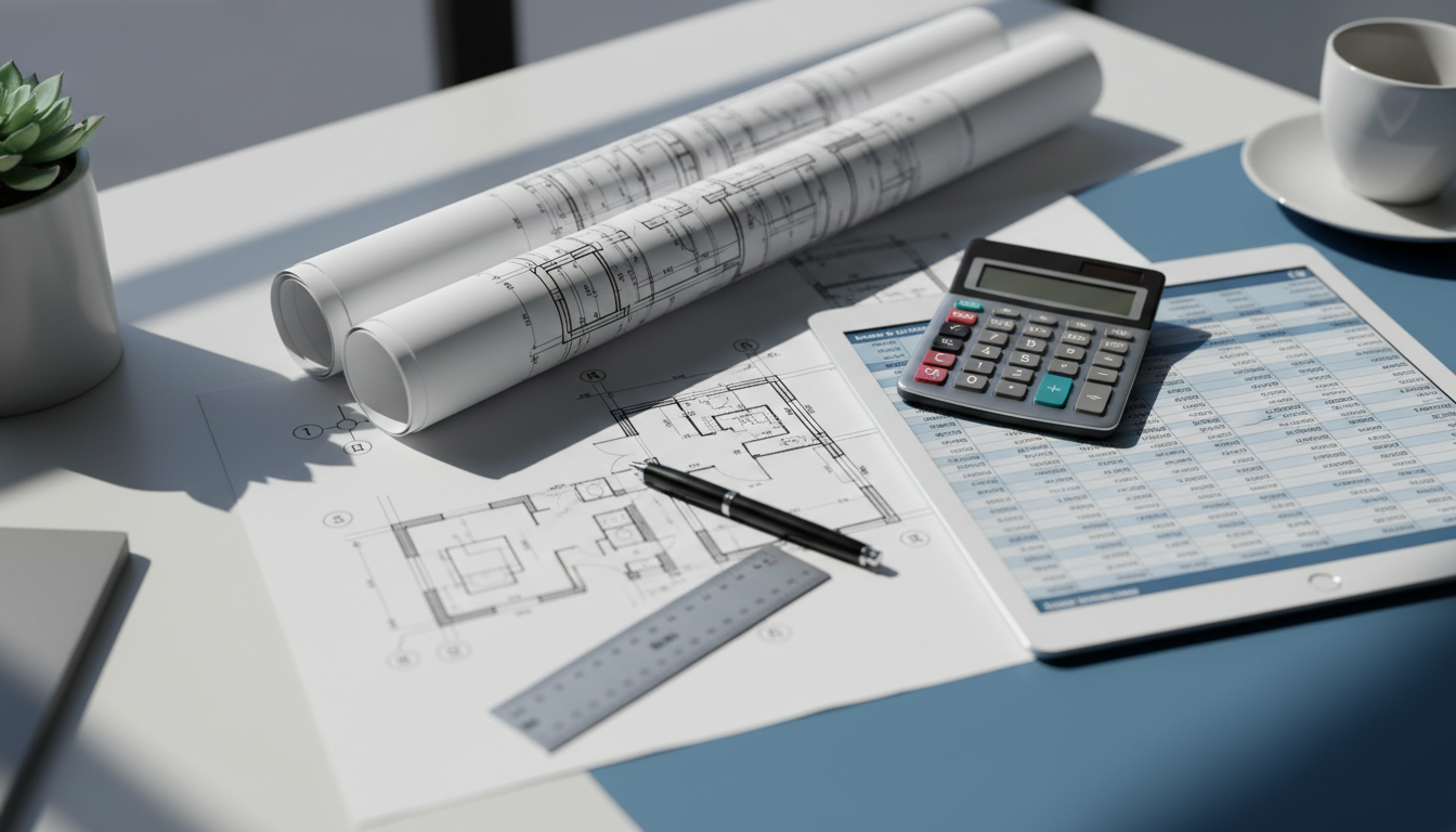 Overhead-Aufnahme: Kostenrechner Hausbau mit Bauplänen, Taschenrechner und Kostentabellen am Schreibtisch