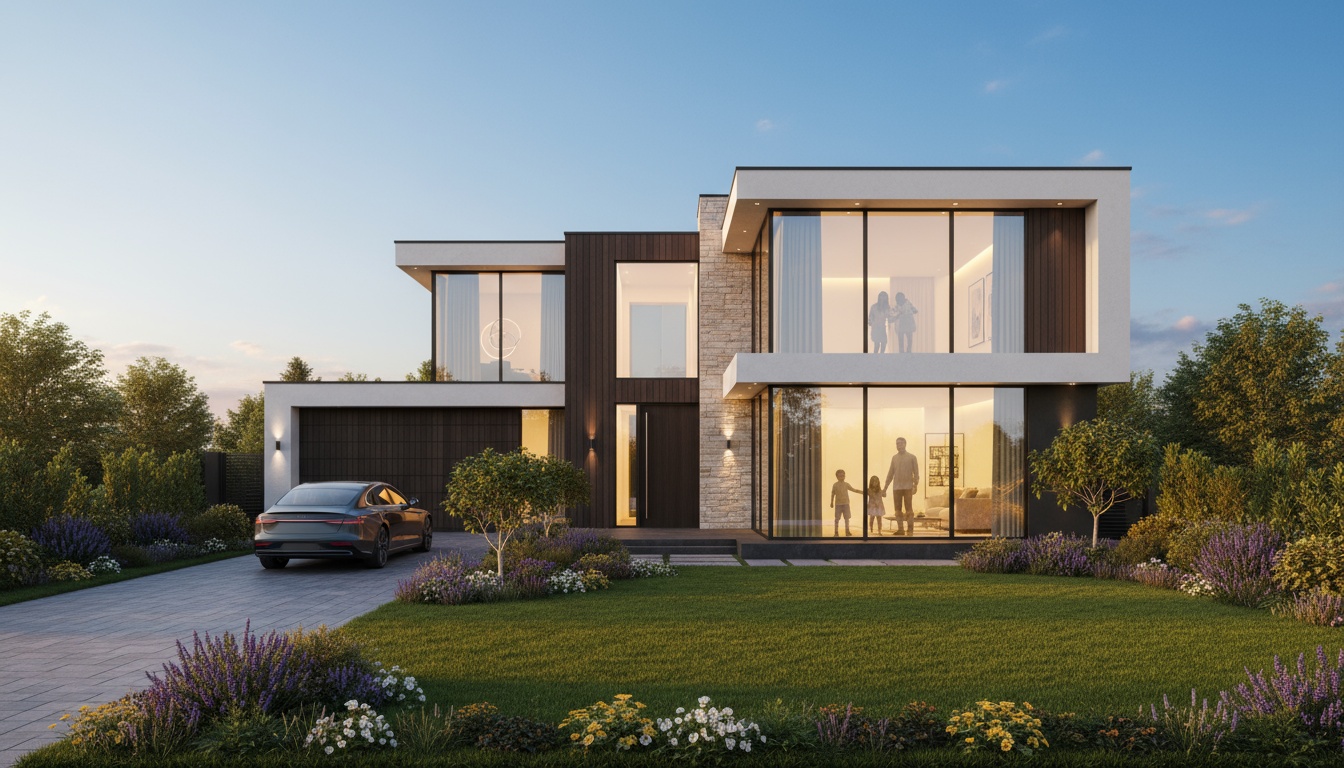 Rechner Baufinanzierung: Modernes Familienhaus Rechner Baufinanzierung: Modernes Familienhaus mit Garten, Einfahrt, Auto und glücklicher Familie bei Goldstunde