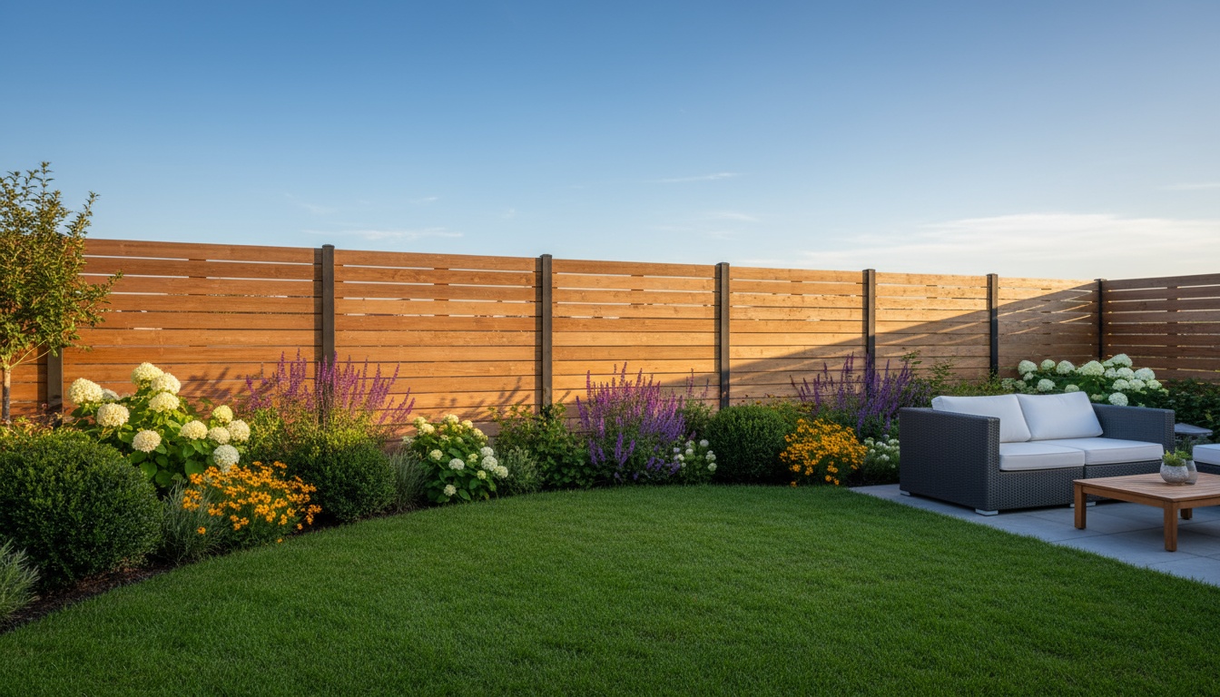 Moderner Sichtschutz Garten aus Holz im Grünen Moderner Sichtschutz Garten aus Holz in gepflegtem Hinterhof, üppige Pflanzen im Vordergrund