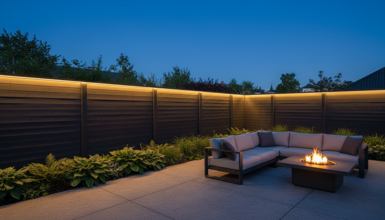 Sichtschutz Garten: moderner Zaun mit LED-Licht Moderner Sichtschutz Garten mit LED-Beleuchtung bei Dämmerung, warme Terrasse im Vordergrund