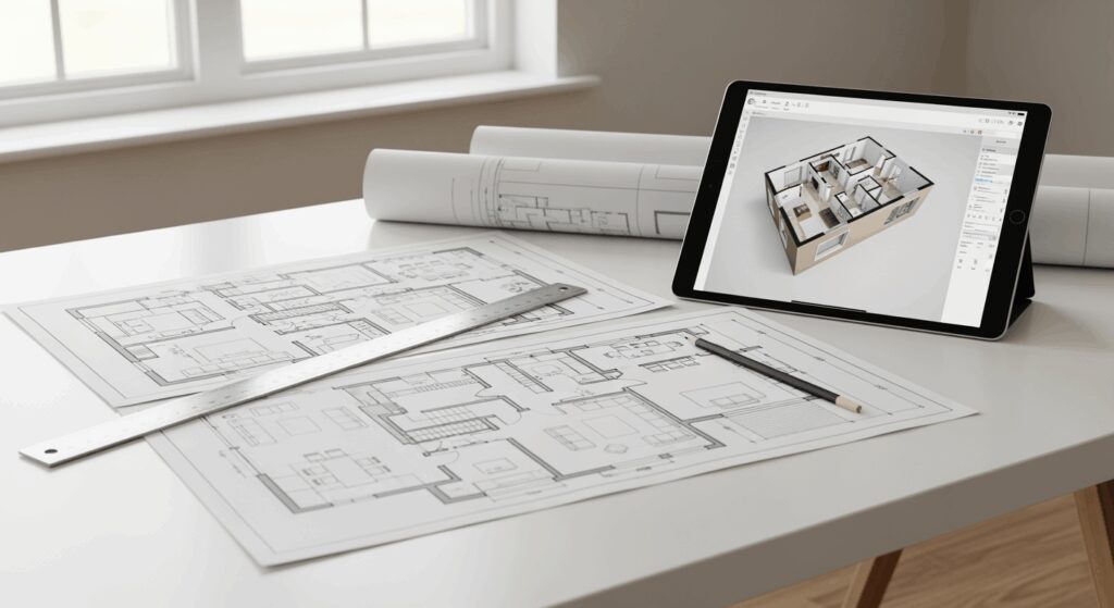 A professional high-resolution photo showing architectural floor plans and blueprints spread on a minimalist white desk, modern house layout drawings with clean lines, digital tablet displaying 3D floor plan software, ruler and pencil as subtle props, soft natural window lighting from the side, shallow depth of field with foreground in focus, neutral beige and white color palette, clean editorial photography style, shot with DSLR camera 50mm lens, horizontal landscape composition 16:9 format, plenty of negative space on sides, premium architecture magazine aesthetic