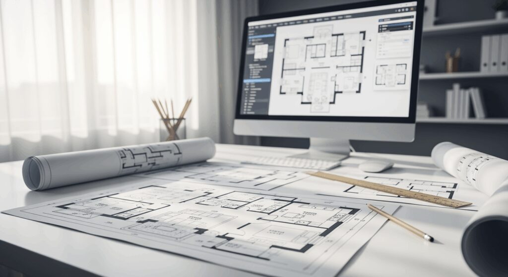 A professional high-resolution photo showing architectural floor plans and blueprints of a modern single-family home spread on a clean white desk, detailed room layouts visible, computer screen displaying digital floor plan software in background, architect ruler and pencil as props, soft natural window lighting from side, shallow depth of field, editorial photography style, neutral minimalistic aesthetic, soft color grading, shot with DSLR camera 50mm lens, clean composition with negative space, horizontal landscape format 16:9, premium magazine quality