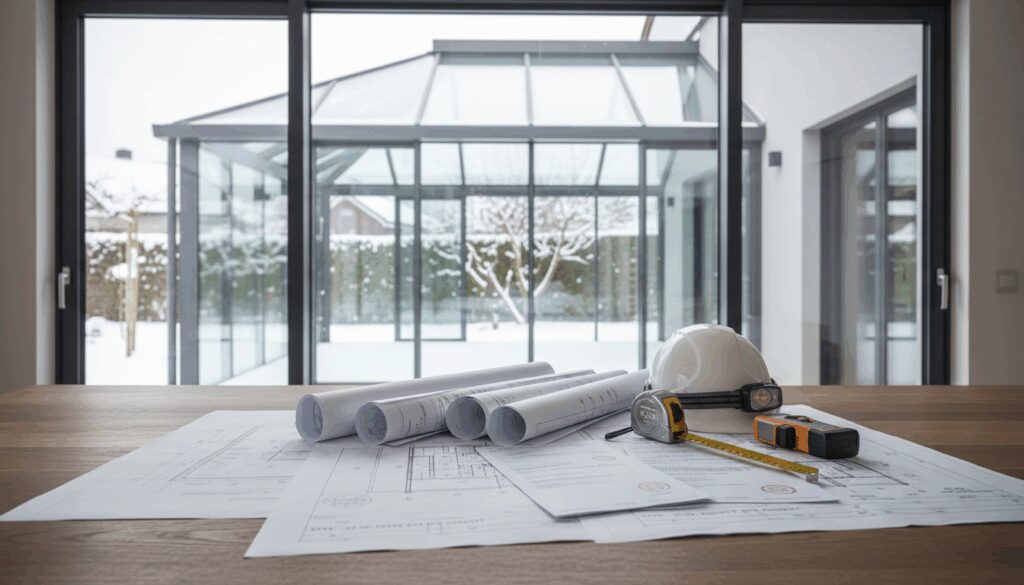 Moderner Wintergarten mit Bauplänen und Helm auf Tisch – Baugenehmigung Wintergarten im Fokus