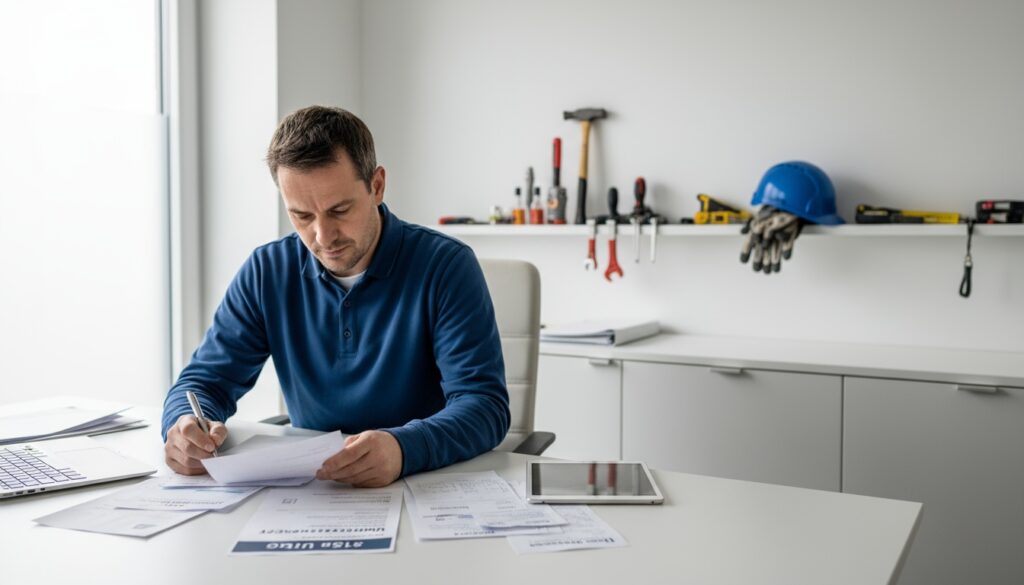Handwerker prüft Bauleistungen 13b UStG-Unterlagen und Rechnungen am Schreibtisch, Helm und Werkzeuge sichtbar