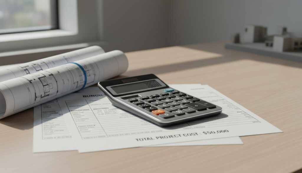 Moderner Taschenrechner liegt auf Bauplänen und Budgetdokumenten — Baunebenkosten Rechner für präzise Kostenübersicht.