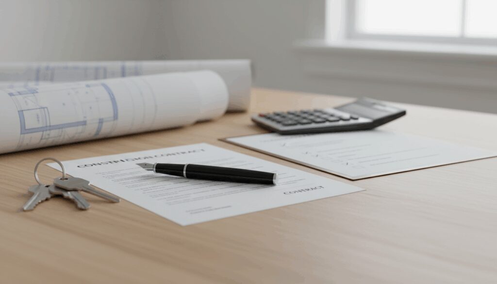 Bauvertrag auf Holzschreibtisch mit Stift, Hausschlüssel, Bauplänen, Taschenrechner und Checkliste bei natürlichem Licht.