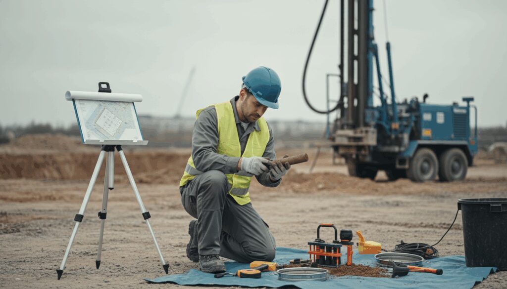 Geologe prüft Bodenproben auf Baustelle mit Bohrgerät und Plänen – Bodengutachten Kosten im Fokus