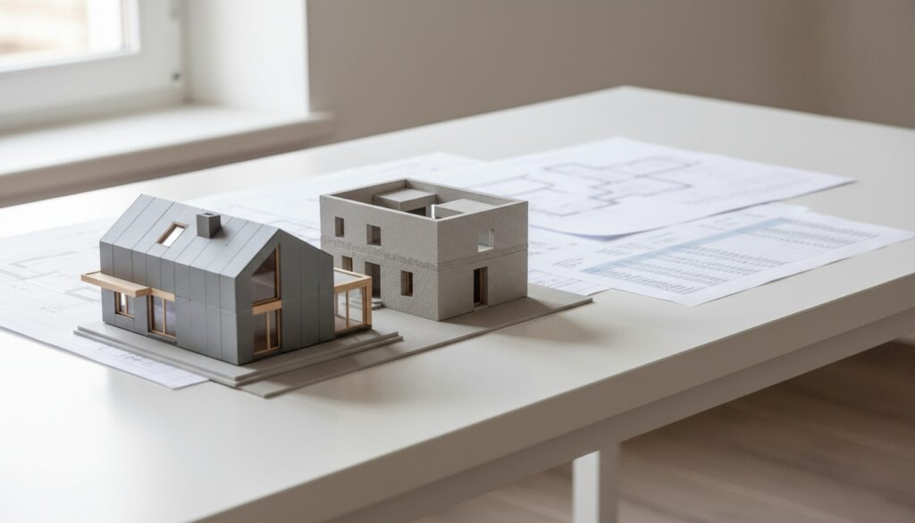 Zwei moderne Hausmodelle auf Tisch: Fertighaus oder Massivhaus mit Plänen und Kalkulationen, natürliches Fensterlicht.