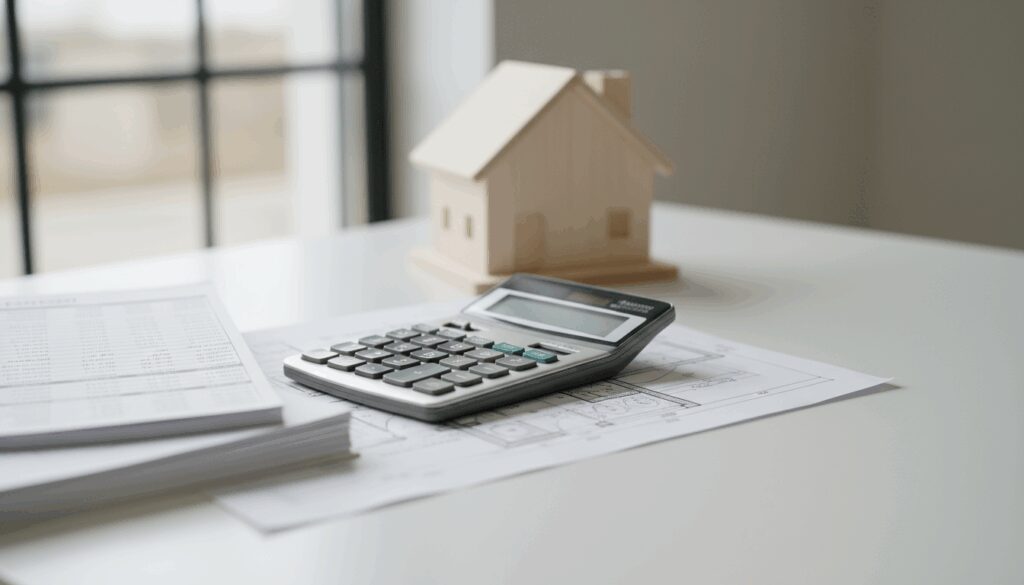 Kostenrechner Hausbau: Taschenrechner, Baupläne, Budgettabellen und Miniaturhaus auf weißem Schreibtisch mit Seitenlicht.
