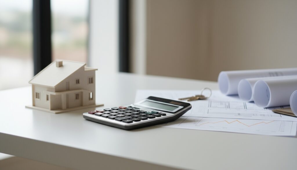 Moderner Rechner Baufinanzierung neben Miniaturhaus auf weißem Schreibtisch mit Plänen, Charts und Schlüsseln.