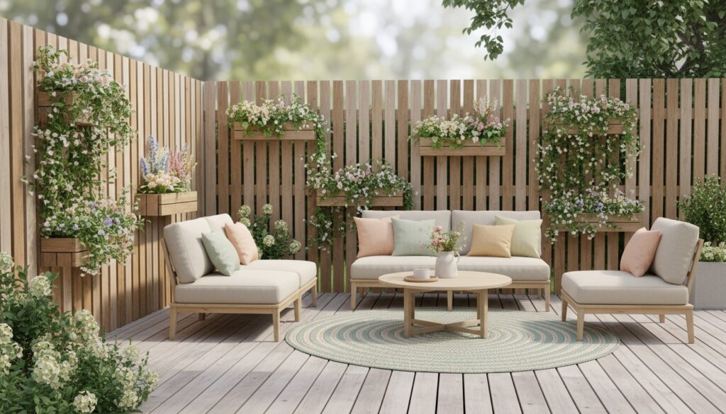 Sichtschutz Garten aus natürlichem Holz mit integrierten Pflanzkästen, Kletterpflanzen und gemütlicher Terrasse.