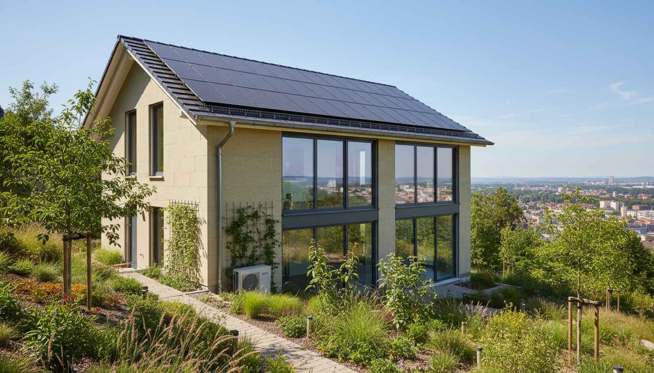 Bauunternehmen Stuttgart – Energieeffizientes Haus Modernes, energieeffizientes Haus mit Solarmodulen, Dreifachverglasung und Garten in Stuttgart – Bauunternehmen Stuttgart.