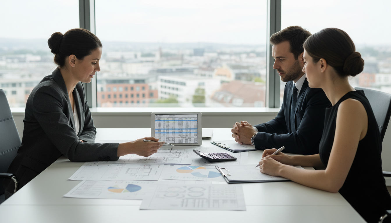 Bauunternehmen Stuttgart Kostengespraeche Bauunternehmen Stuttgart: Architekt und Kunden prüfen Baupläne und Kosten mit Rechner und Tablet im hellen Büro