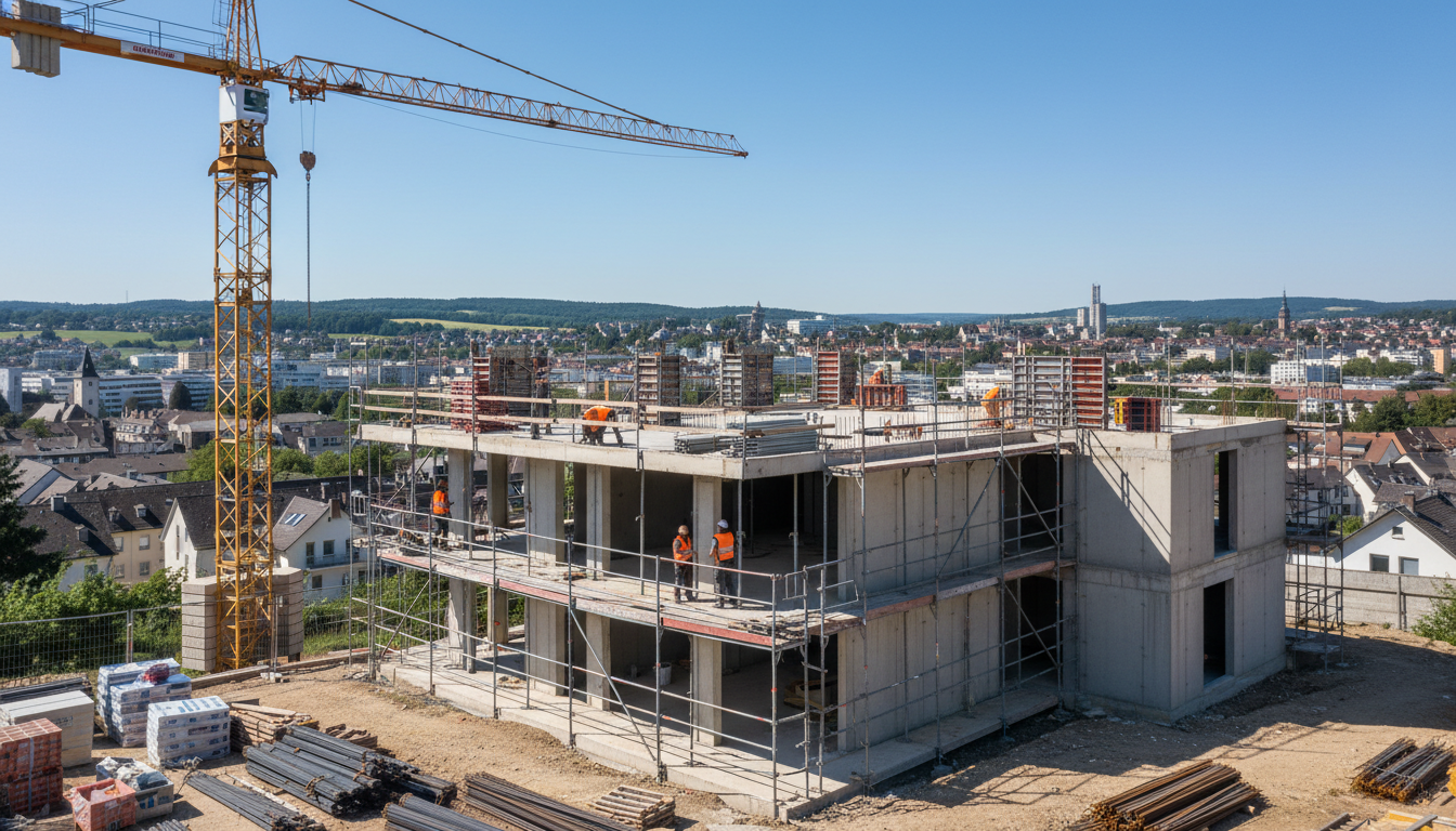 Bauunternehmen Stuttgart: Modernes Wohnbauprojekt am Hang Bauunternehmen Stuttgart: Wohnbau am Hang mit Baukran, mehrgeschossigem Rohbau und Arbeitern in Schutzkleidung