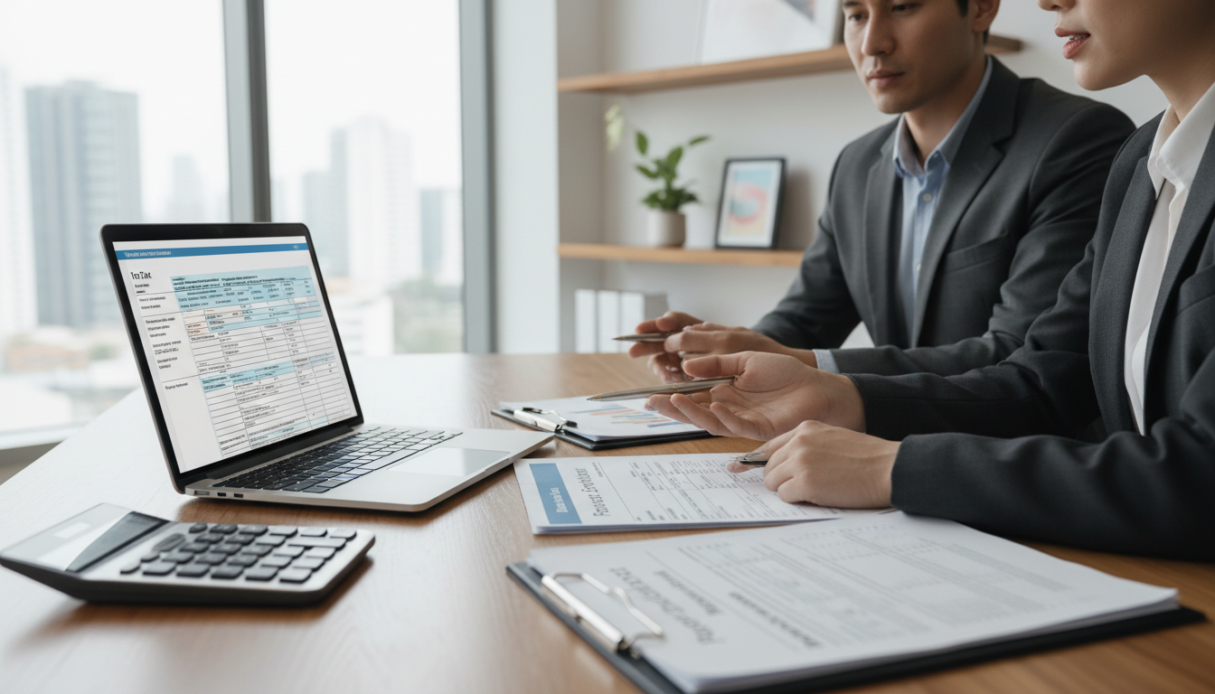 Steuerberater erklärt, wie man Grunderwerbssteuer absetzen kann; Laptop, Taschenrechner und Immo-Unterlagen am Schreibtisch.