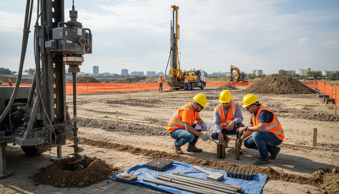 Ingenieurteam bohrt und untersucht Bodenproben auf einem Baugrundstück, um das passende Grundstück finden zu können.