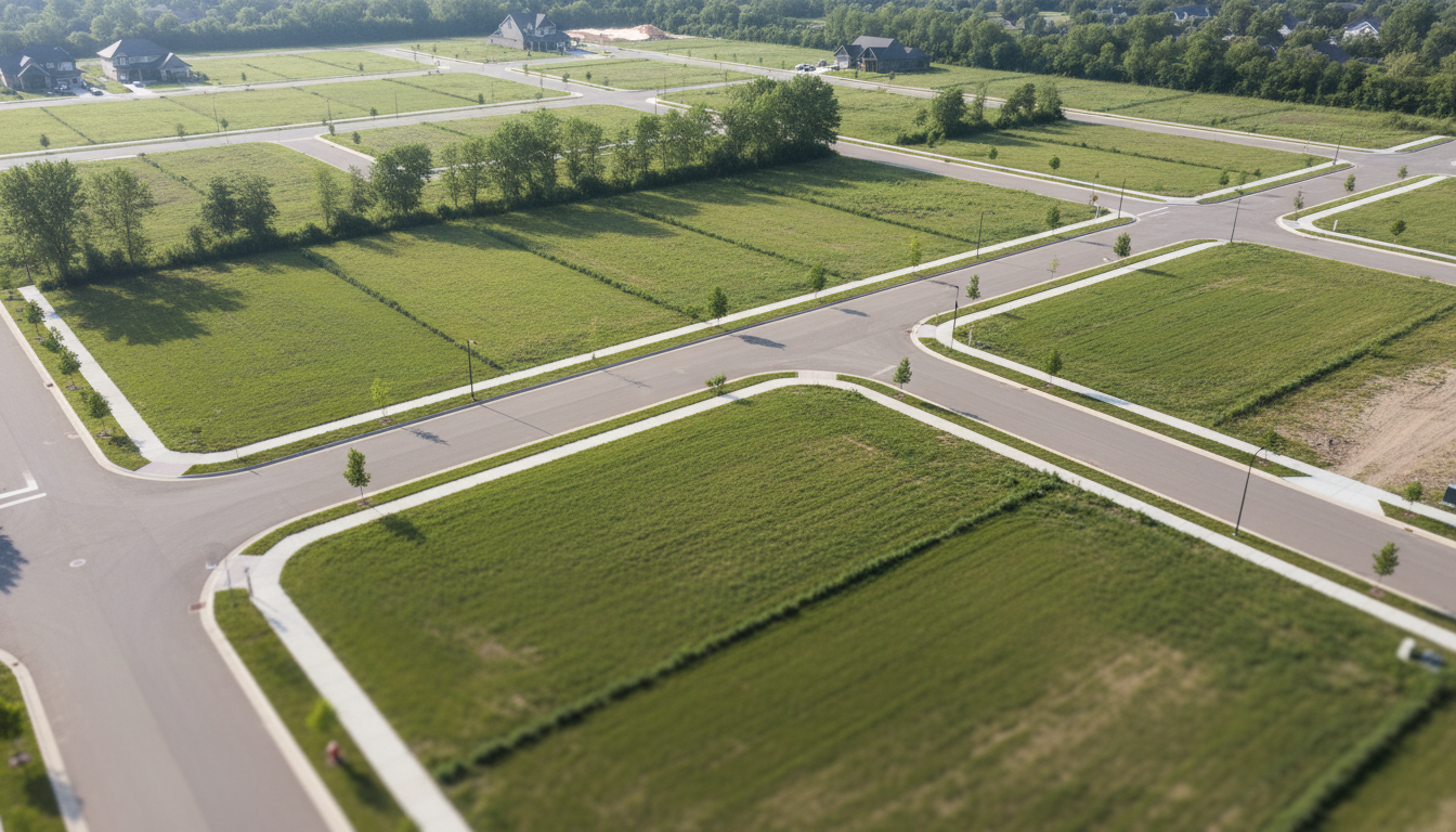 Drohnen-Luftbild von Bauparzellen im Wohngebiet, ideal für die Suche, um ein Grundstück finden zu können