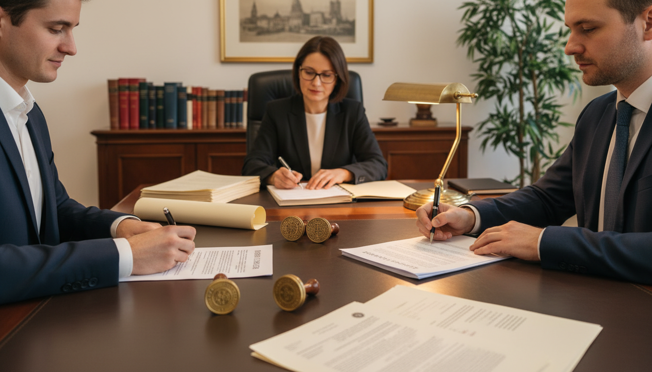 Notarbüro: Zwei Personen unterschreiben Kaufvertrag mit Stempeln – beim grundstück finden Vertragsabschluss.
