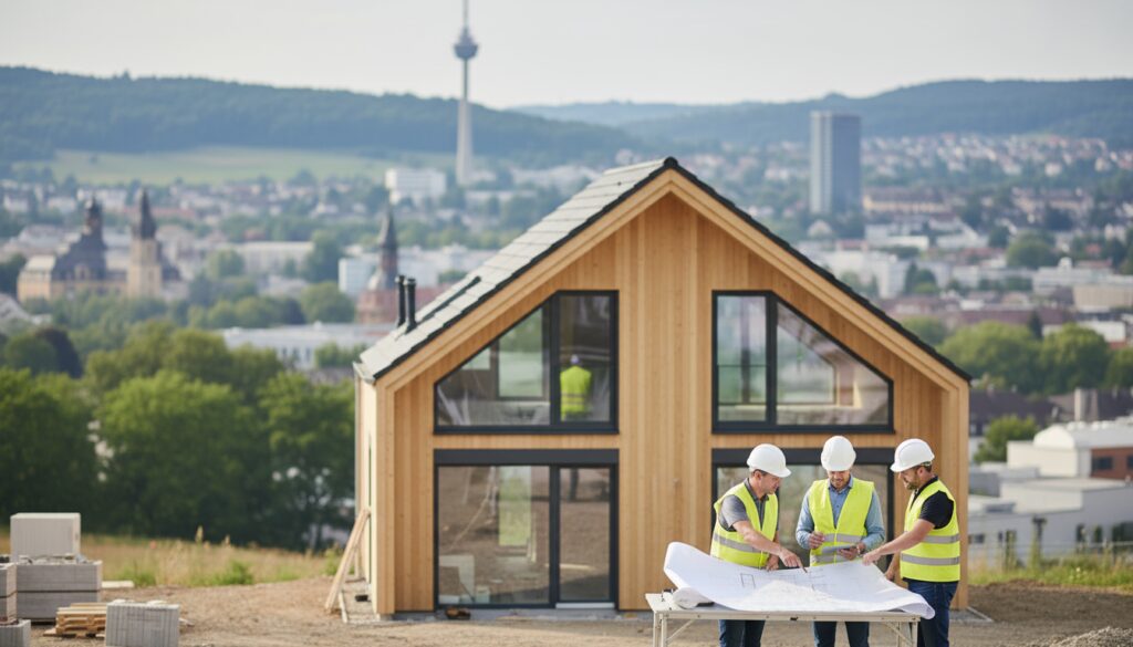 Modernes Energiesparhaus auf Baustelle mit Architekt und Arbeitern, Bauunternehmen Stuttgart im Fokus.