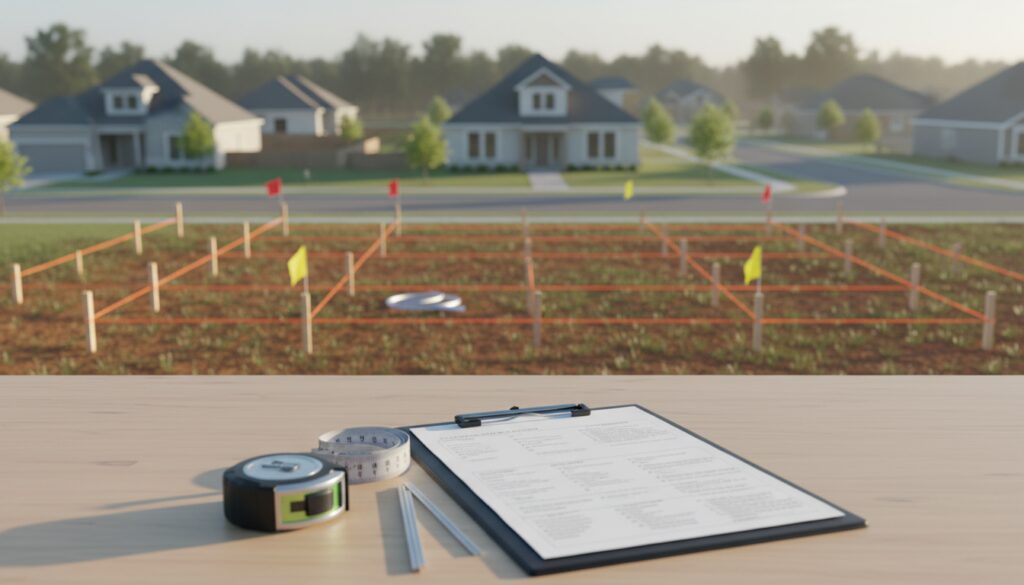 Luftaufnahme eines leeren Baugrundstücks mit Vermessungsmarken, Maßband und Bauplan auf Klemmbrett, zum grundstück finden