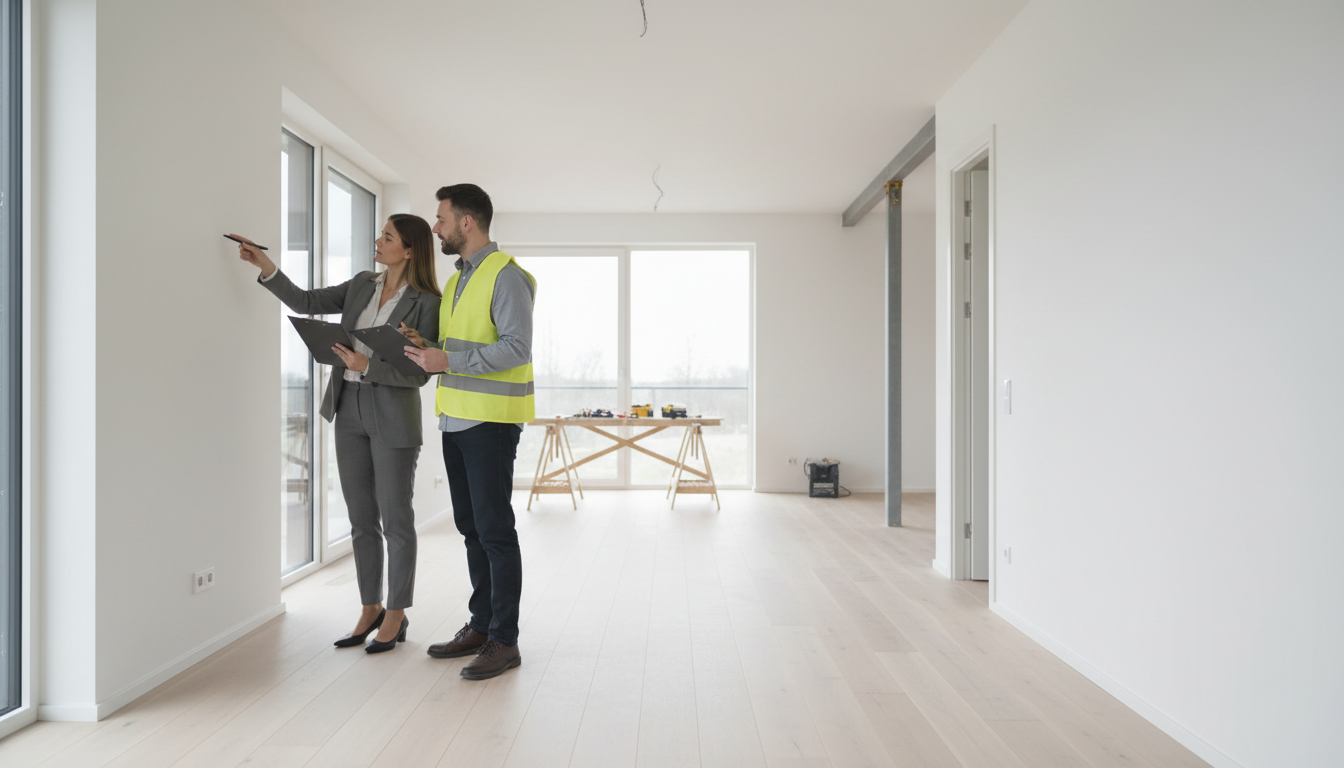 Auftragnehmer und Bauherr prüfen mit Klemmbrettern ein Abnahmeprotokoll für Bauleistungen im modernen, hellen Wohnraum.