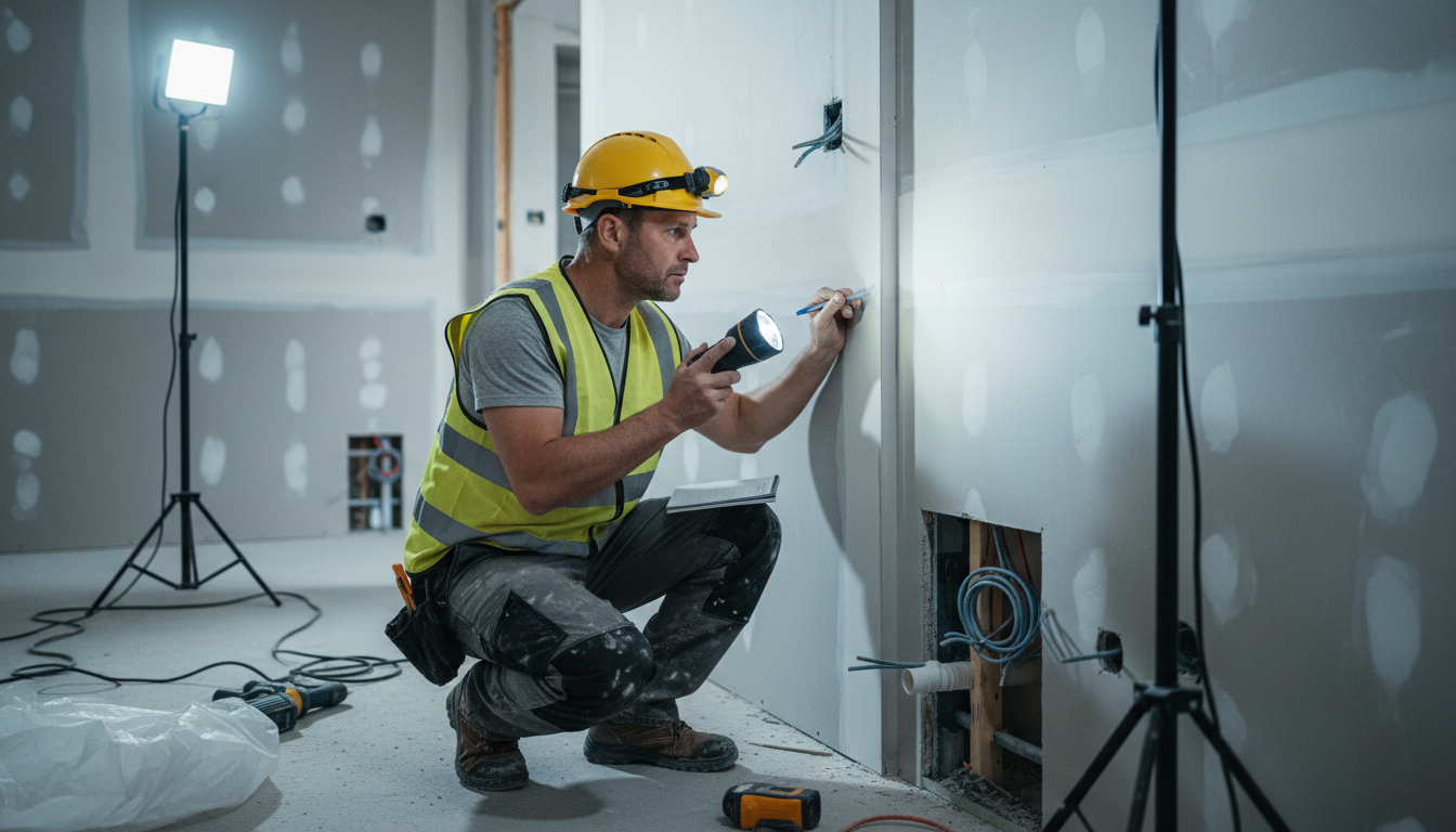 Handwerker prüft Wand-Ecke mit Taschenlampe und Notizblock, erstellt Abnahmeprotokoll für Bauleistungen in moderner Baustelle