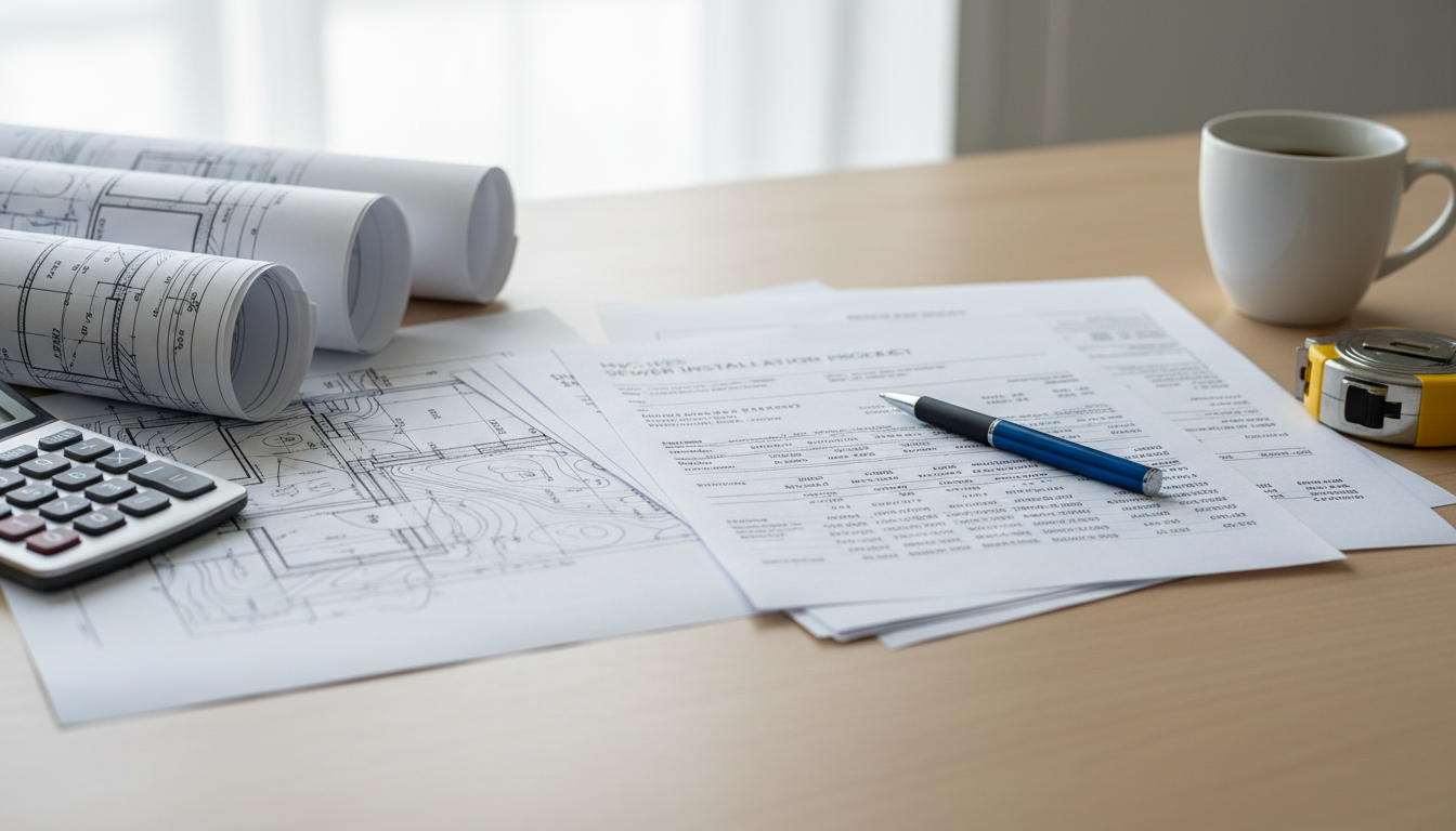 Abwasserrohr verlegen: Kosten & Planungsdokumente Überkopfaufnahme: Baupläne, Rechnungen, Taschenrechner und Maßband beim Abwasserrohr verlegen in Büroumgebung