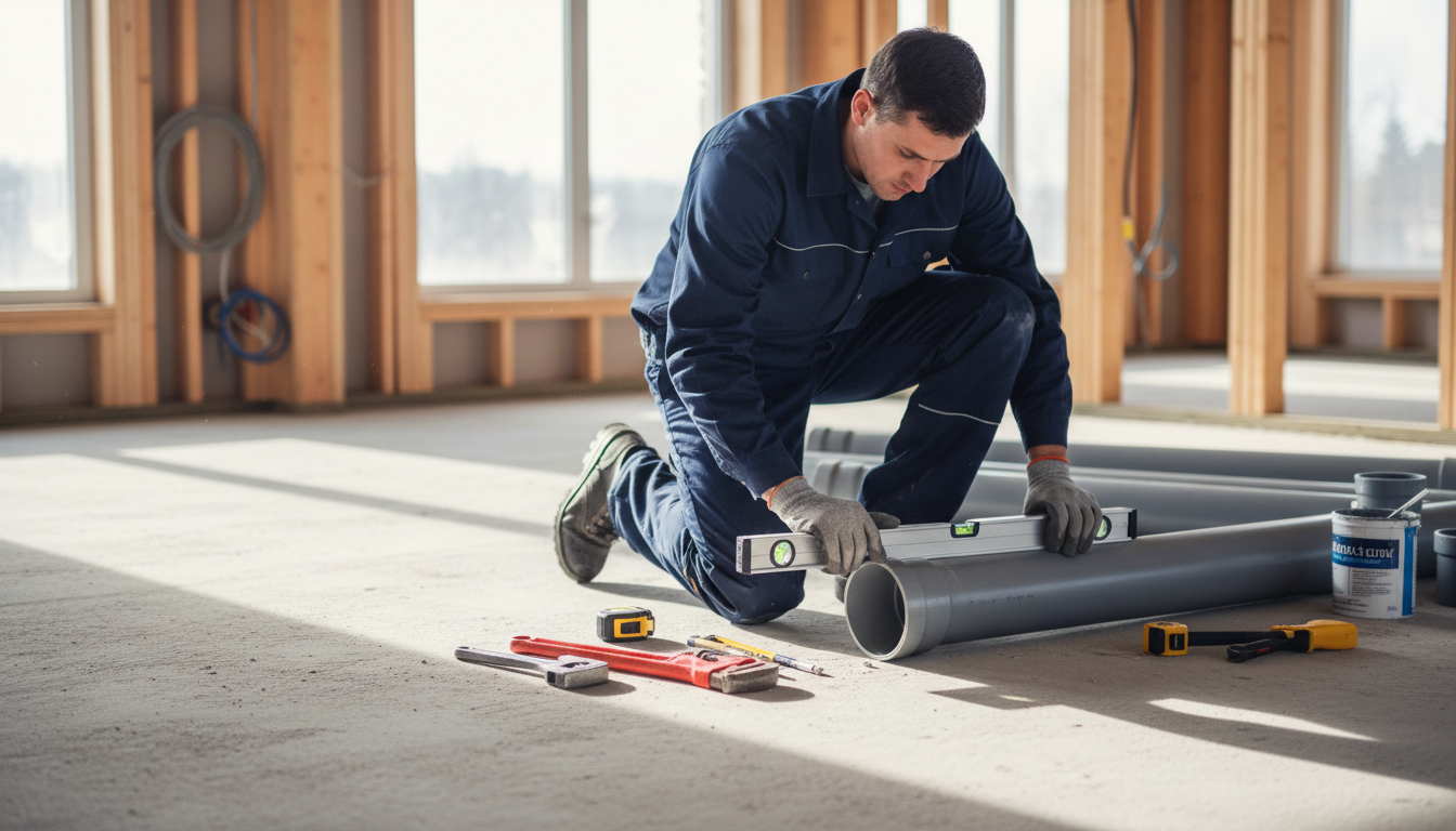 Abwasserrohr verlegen: Profi verlegt PVC-Rohre Abwasserrohr verlegen: Professioneller Installateur montiert graue PVC-Kanalrohre mit Wasserwaage und Werkzeug.