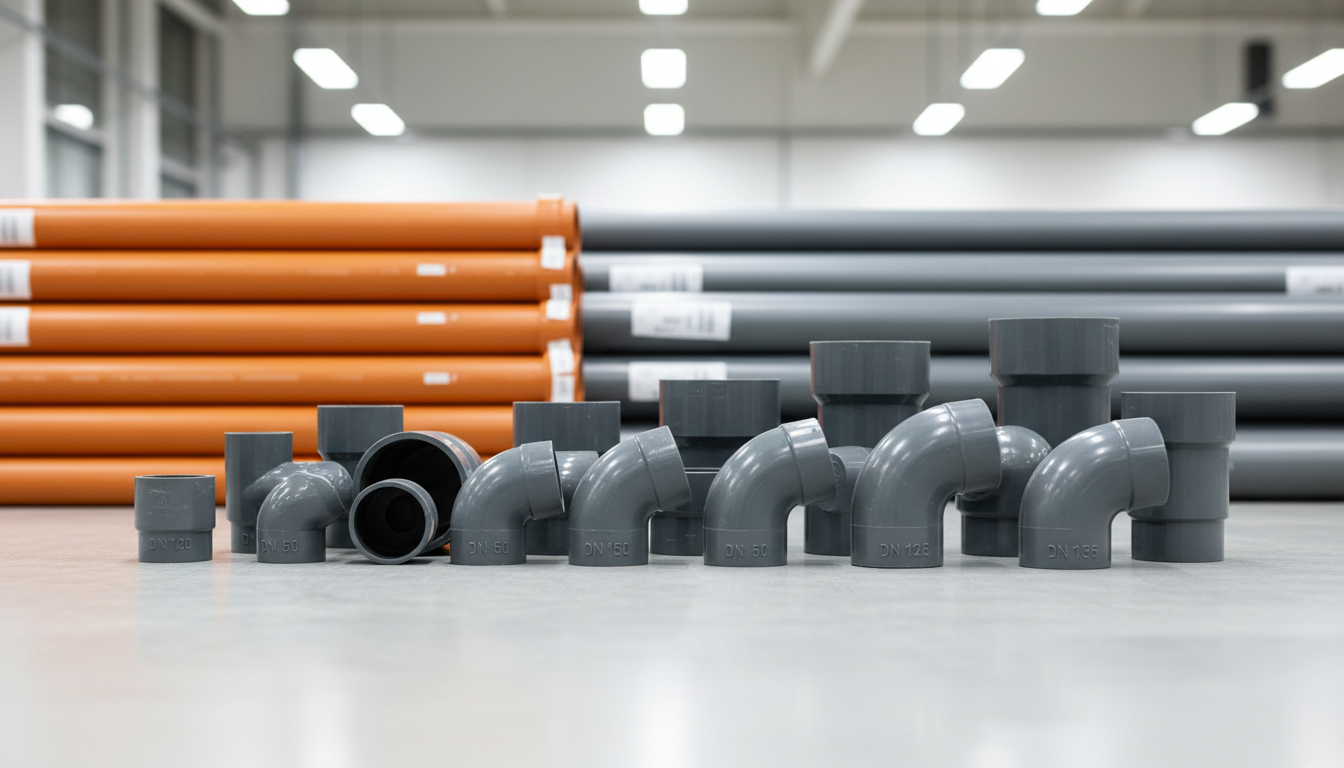 Abwasserrohr verlegen - professionelle Rohrinstallation Professionelles Abwasserrohr verlegen: PVC- und PP-Kanalrohre, Bögen und Kupplungen auf sauberem Werkstattboden