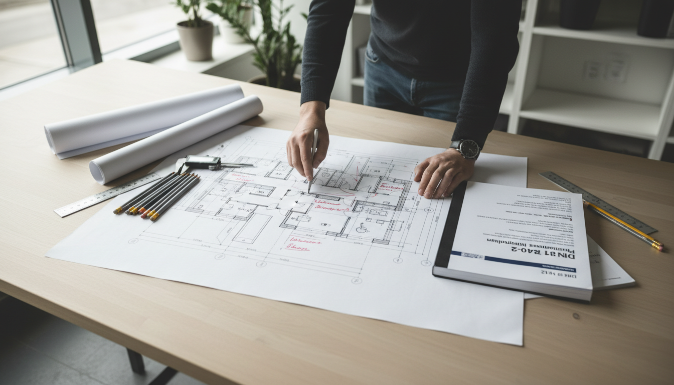 Barrierefreies Wohnen: Architekturplan für Zugänglichkeit Architekt zeigt barrierefreie Wohnungspläne auf Tisch mit Messwerkzeug und DIN-Dokumenten, Barrierefreies Wohnen im Fokus