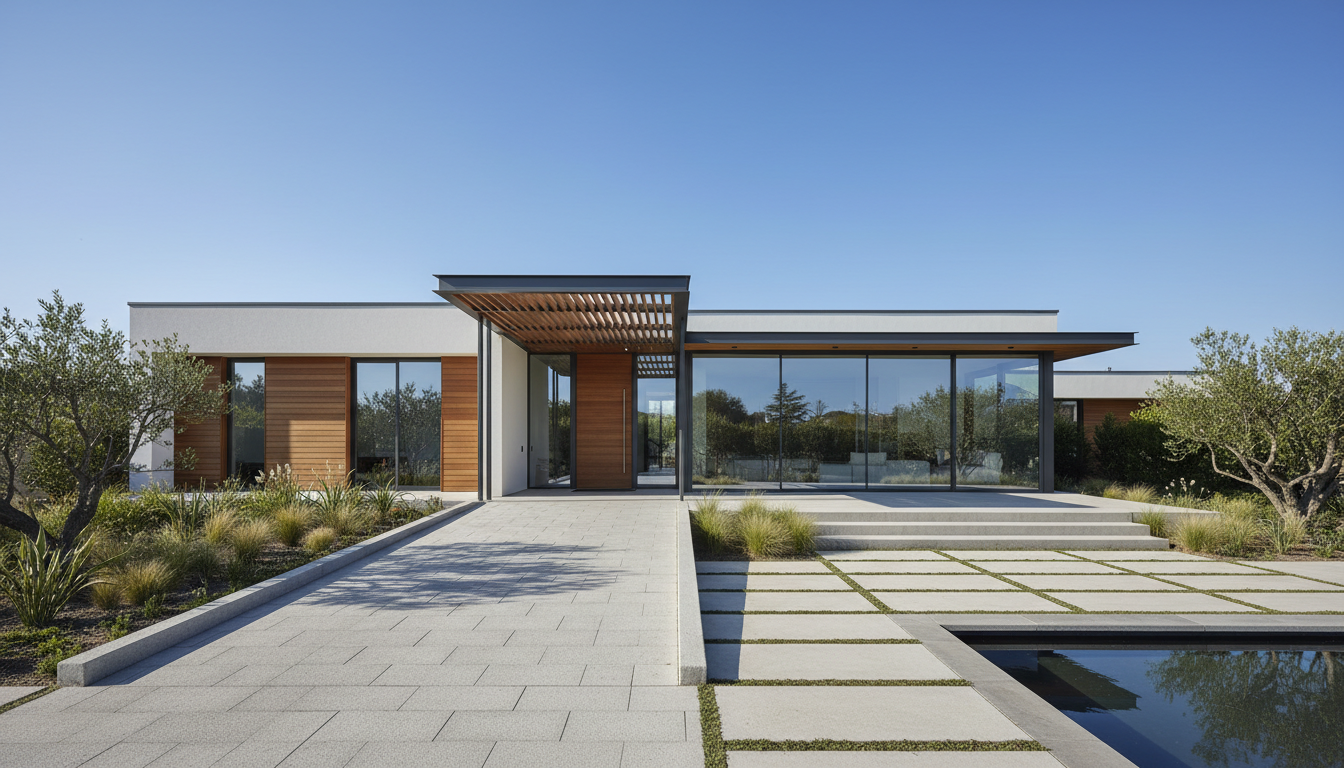 Barrierefreies Wohnen: Modernes einstöckiges Zuhause Einstöckiges modernes Haus mit breitem Rampen-Eingang, Terrasse und großen Fenstern – barrierefreies Wohnen.