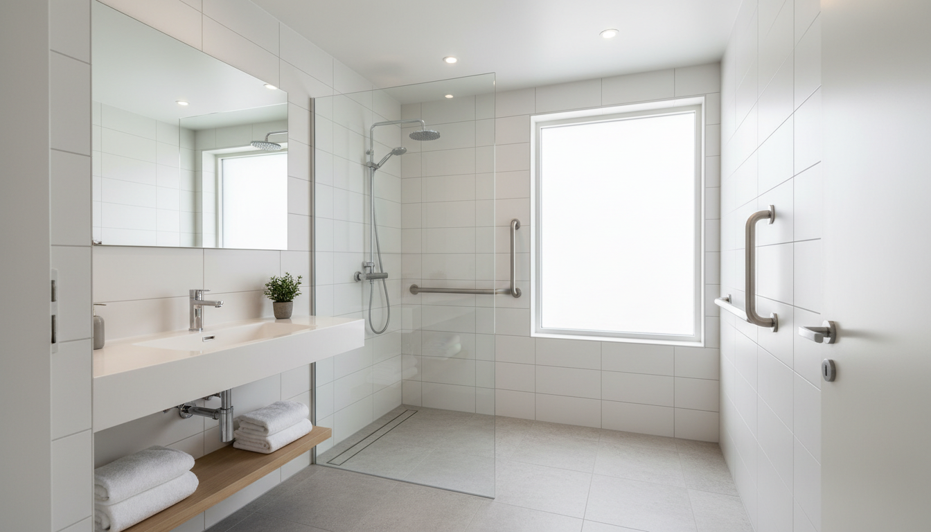 Barrierefreies Wohnen: Modernes Bad mit Dusche Modernes barrierefreies Wohnen: helles, rollstuhlgerechtes Bad mit ebener Dusche, Haltegriffen und rutschfesten Fliesen.