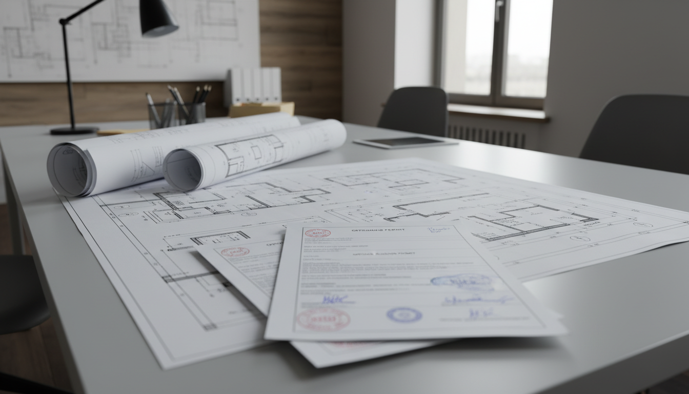 Bauanzeige und Baupläne auf Schreibtisch im Bauamt mit Genehmigungen und Tageslicht